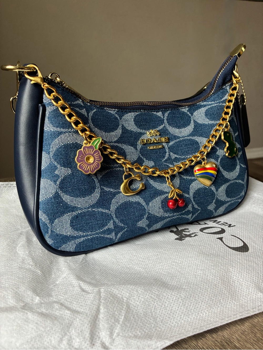 Coach Denim Mini Shoulder Bag with Gold Charm Chain